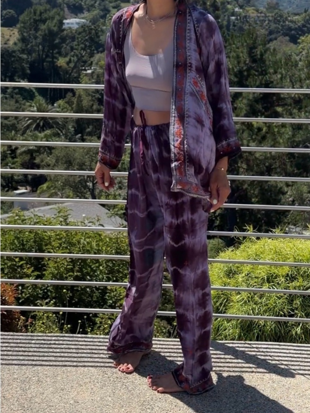 Sun Child 2PC silk Purple Tie-Dye Jacket & Pants Festival Coachella one size - Picture 3 of 11